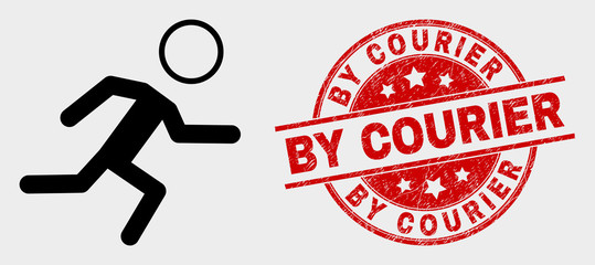 Vector running boy pictogram and By Courier seal stamp. Red round grunge seal stamp with By Courier caption. Vector combination for running boy in flat style. Black isolated running boy icon.