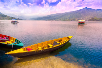 Colorful boats Bharai temple Boat bay in Phewa Lake.
