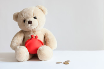 Teddy bear with red wallet, coins,dollars. Business and finance concept/ Financial support, business, family, alimony, maintenance, charity, investing in children concept