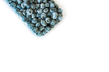 Blueberries in transparent plastic container with copy space for text isolated on a white background. Top view