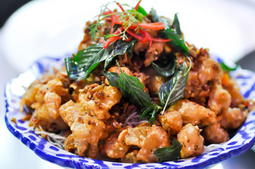 deep fried pork with deep fried basil