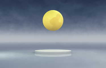 Abstract cylinder backdrop with full moon background. 3d render.