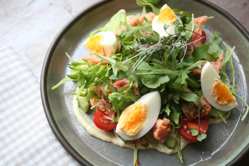 Fresh green salad with smoked salmon, tomatoes, eggs and white wine sauce