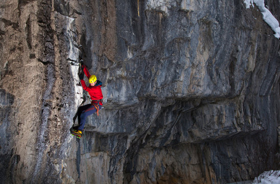 Jess Roskelley on Half and Half (M7) a mixed line at Haffner Creak during a day of cragging near Banff, Alberta.