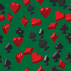 Card Symbols Seamless Pattern, 3D Illustration on Green Background