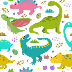 Hand drawn seamless pattern with dinosaurs. Great design for kids apparel, nursery decoration, fabric, textile. Cute and colorful dino design vector illustration.