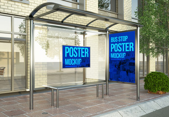 Mockup of Bus Shelter with a Poster and Billboard