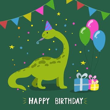 Cute cartoon dinosaur. Happy birthday greeting card. Great design for invitation, card, postcard, poster, greeting card. Hand drawn vector illustration.