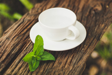 hot water in White cup and Spearmint with wood background.