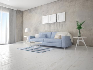Naklejka na ściany i meble Mock up modern living room with compact stylish sofa and trendy hipster backdrop.