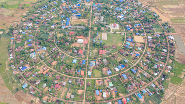 Aerial top view of villages in a circle taken with drones
