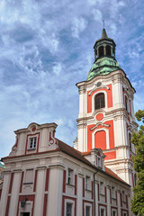 belfry of the baroque, historic church in Poznan.,.