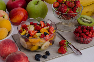 Fruit salad with berries, summer dessert. Raw foods, diet, vegetarianism.
