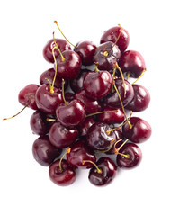 Fresh Dark Red Cherries with Stems on a White Background