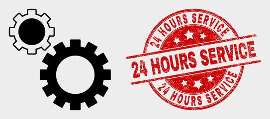 Vector gears pictogram and 24 Hours Service seal stamp. Red rounded textured seal stamp with 24 Hours Service caption. Vector combination for gears in flat style. Black isolated gears symbol.