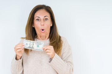 Middle age woman holding 20 dollars bank note over isolated background scared in shock with a surprise face, afraid and excited with fear expression