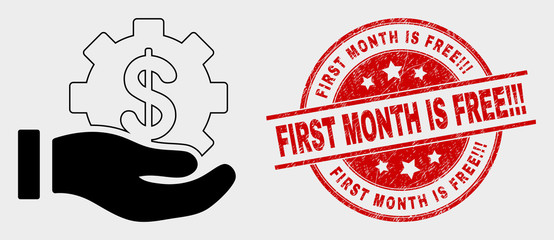 Vector financial service offer hand icon and First Month Is Free!!! seal stamp. Red round distress seal stamp with First Month Is Free!!! caption.