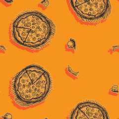 Pizza seamless pattern. Hand-drawn stroke, orange. Vector image.