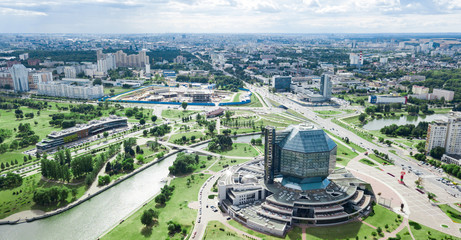 National library of Belarus. The City Of Minsk. View of the city and Independence Avenue. Photos from the drone.