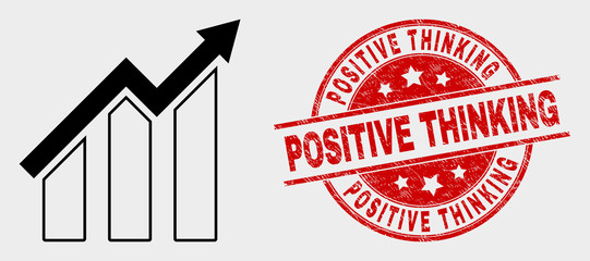 Vector growing trend chart pictogram and Positive Thinking seal stamp. Red round scratched seal stamp with Positive Thinking text. Vector combination for growing trend chart in flat style.