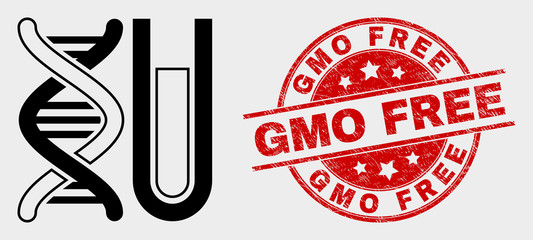 Vector DNA testtube pictogram and GMO Free seal stamp. Red rounded scratched stamp with GMO Free caption. Vector composition for DNA testtube in flat style. Black isolated DNA testtube pictogram.