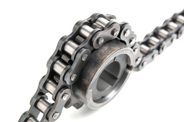 Roller chain and drive sprocket on a white background
