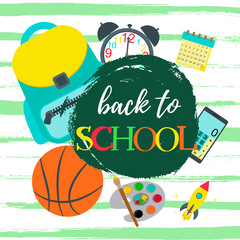 Back to School text. Vector banner,poster card design with backpack, alarm clock, basketball, calculator, calendar and paints. Vector illustration.