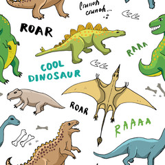 Dino Seamless Pattern, Cute Cartoon Hand Drawn Dinosaurs Doodles Vector Illustration