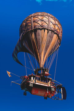 Hot Air Balloon Flying In A No Cloudy Day Down Below View