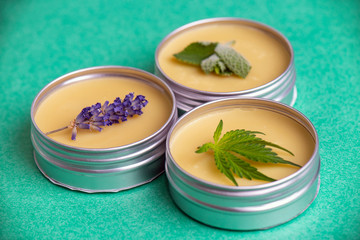 Cannabis salve made from hemp and CBD oils with mint and lavender