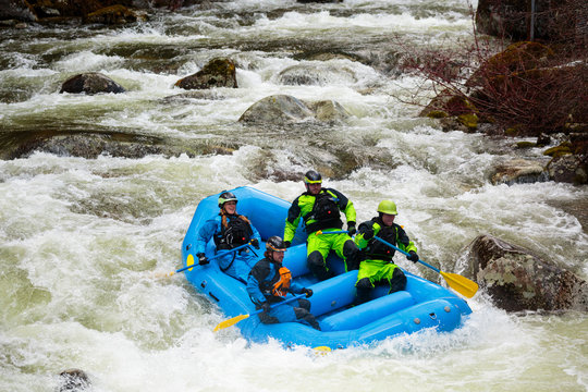 A group of four rafters (three men and one woman) paddle down whitewater along the Lochsa River in Idaho.