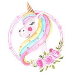 cute watercolor unicorn illustration with floral wreath © orchidart