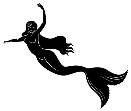 Silhouette of a mermaid. Beautiful girl is floating in the water. The lady is young and slender. Fantastic image of a fairy tale. Vector illustration