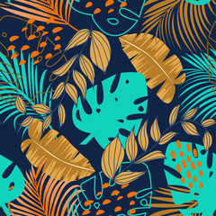 Trend seamless pattern with colorful tropical leaves and plants on purple background. Vector design. Jungle print. Floral background. Printing and textiles. Exotic tropics. Fresh design.