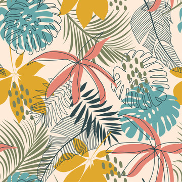 Bright abstract seamless pattern with colorful tropical leaves and plants on delicate background. Vector design. Jungle print. Floral background. Printing and textiles. Exotic tropics. Fresh design.