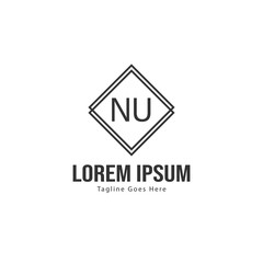 Initial NU logo template with modern frame. Minimalist NU letter logo vector illustration