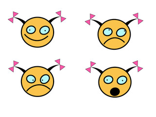 Set of smile emoticons of stupid girl face, flat disighn. Happy, unhappy, surprised and angry smileys. Emoji set.