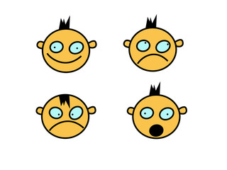 Set of smile emoticons of stupid boy face, flat design. Happy, unhappy, surprised and angry smileys. Emoji set.