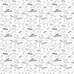 Obraz premium Dino Seamless Pattern, Cute Cartoon Hand Drawn Dinosaurs Doodles Vector Illustration