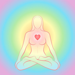 Meditating zen woman in lotus position with glowing red heart chakra on rainbow colored circular background.