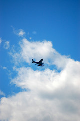 Fototapeta na wymiar hydroaeroplane flies in a cloudy sky