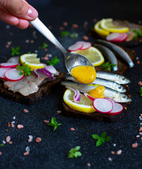 Smorrebrod, traditional Scandinavian open sandwiches with dark rye bread, herring, anchovies, radishes, onions and mustard sauce. Black background