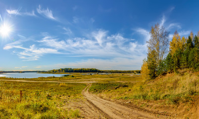 Fototapeta na wymiar Beautiful autumn landscape on the site of a former sand quarry.