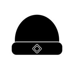 Winter hat with badge simple black icon on white background. Vector illustration with isolated object for web design.