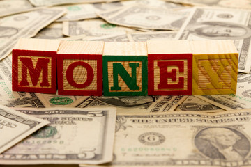 Wooden cubes with the word money on dollars.