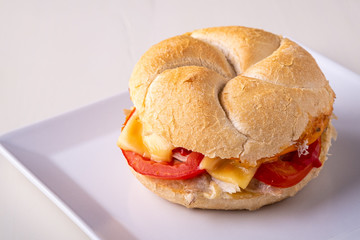 Single homemade burger Vienna Kaiser bread bun bread roll with chicken meat tomato mustard mayonnaise on white square plate background