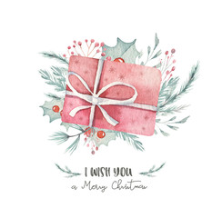Merry Christmas watercolor set with floral elements. Happy New Year gift boxes, snowflakes, berries and christmas tree. Winter flowers, gift slad and branch bouquets decoration.
