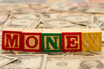 Wooden cubes with the word money on dollars.