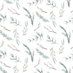 Watercolor christmas elements seamless pattern. Watercolor hand drawn christmas illustration. New Year winter holiday drawing.