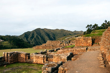 Fototapeta na wymiar Chinchero inca ruins in Chinchero archeological park at sunset, Peru